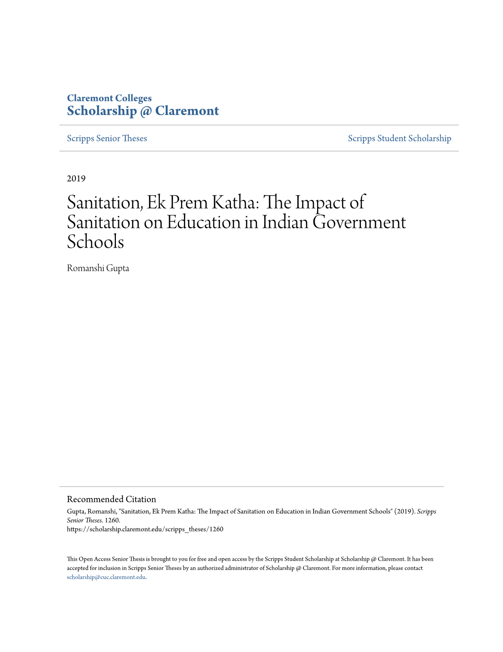 Sanitation, Ek Prem Katha: the Mpi Act of Sanitation on Education in Indian Government Schools Romanshi Gupta