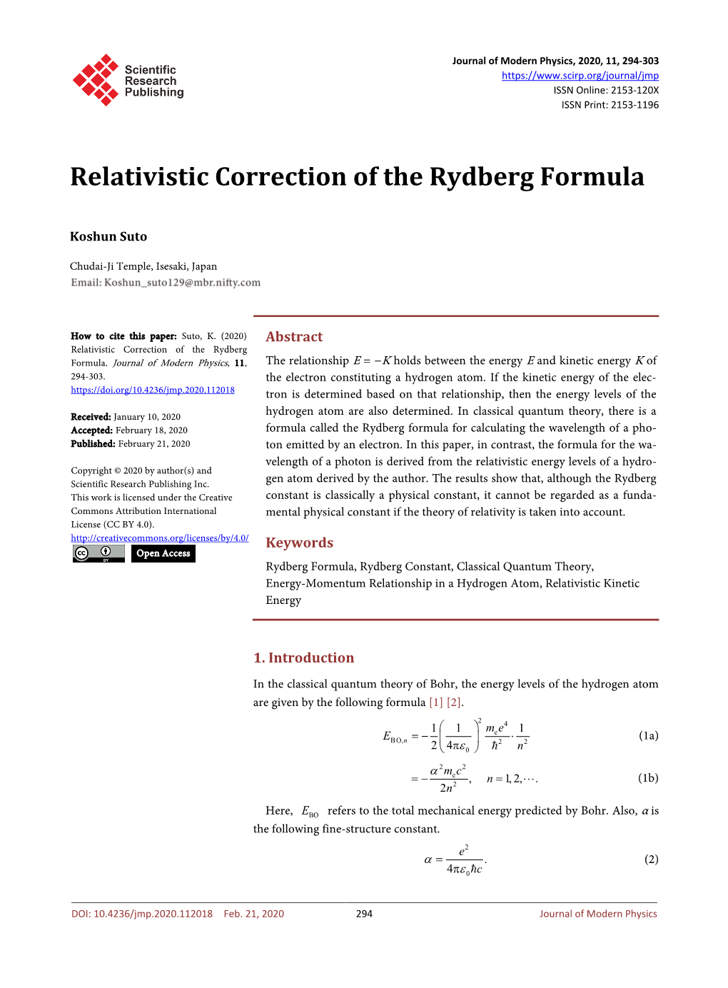 Relativistic Correction of the Rydberg Formula