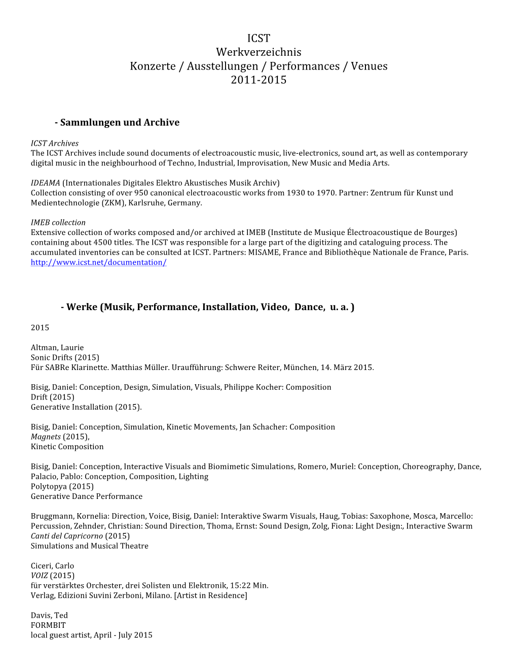ICST Werkverzeichnis Konzerte / Ausstellungen / Performances / Venues 2011-‐2015