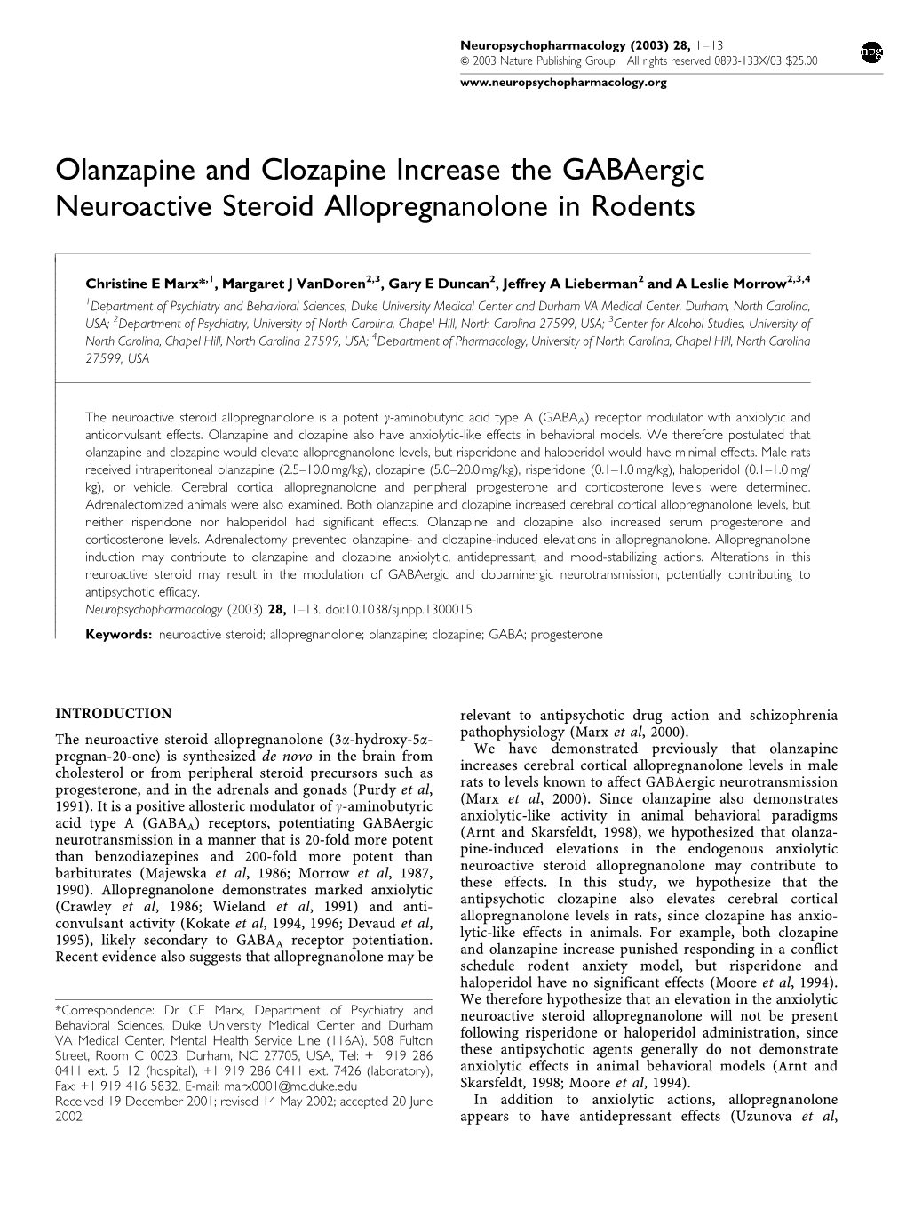 Olanzapine and Clozapine Increase the Gabaergic Neuroactive Steroid Allopregnanolone in Rodents