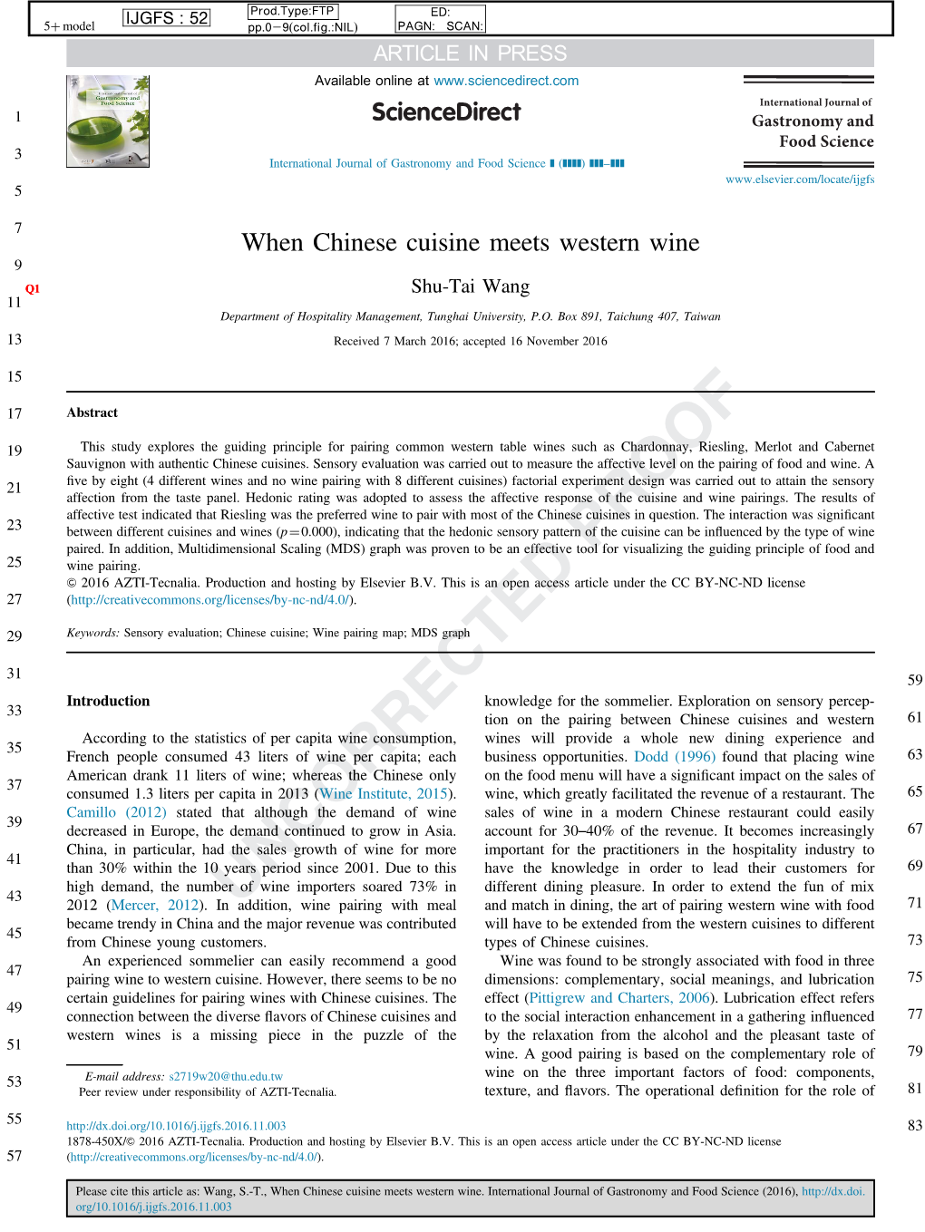 When Chinese Cuisine Meets Western Wine 9 Q1 Shu-Tai Wang 11 Department of Hospitality Management, Tunghai University, P.O