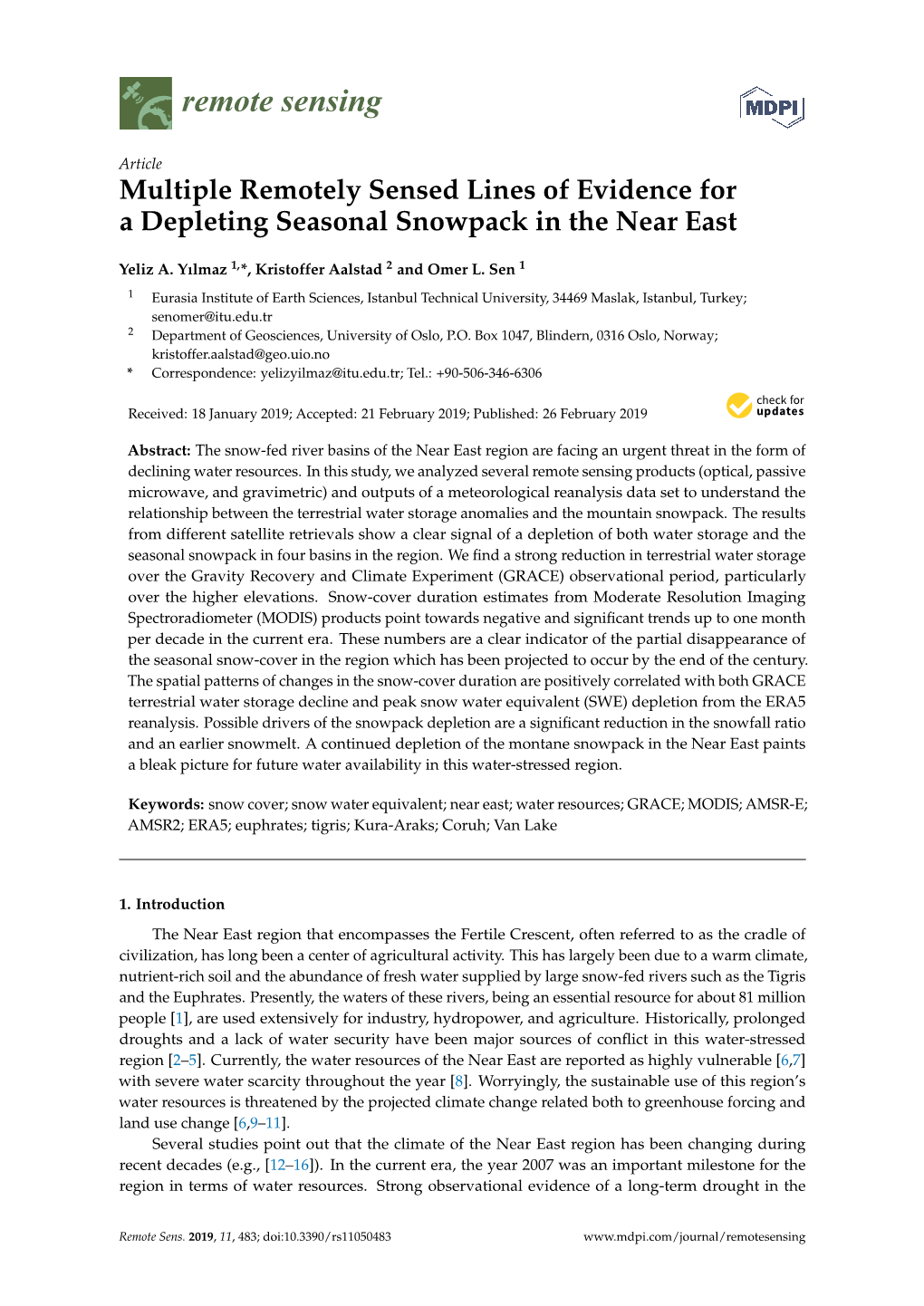 Multiple Remotely Sensed Lines of Evidence for a Depleting Seasonal Snowpack in the Near East