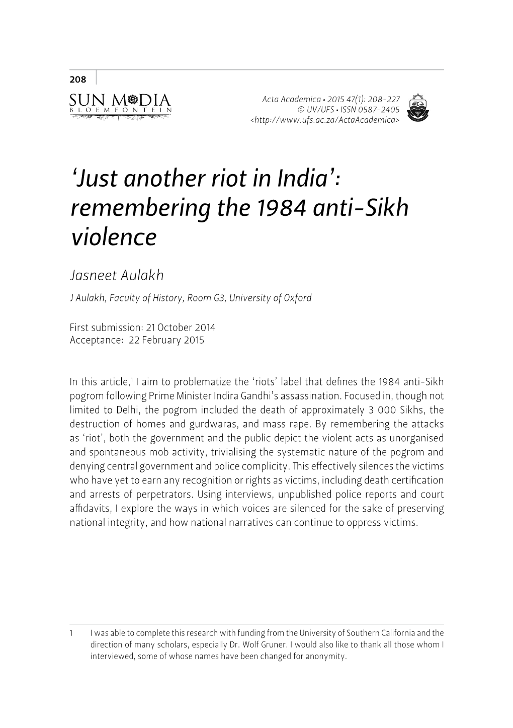 Remembering the 1984 Anti-Sikh Violence