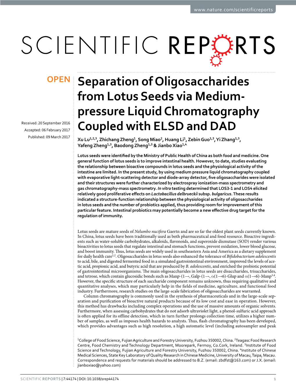 Separation of Oligosaccharides from Lotus Seeds Via Medium-Pressure Liquid Chromatography Coupled with ELSD and DAD