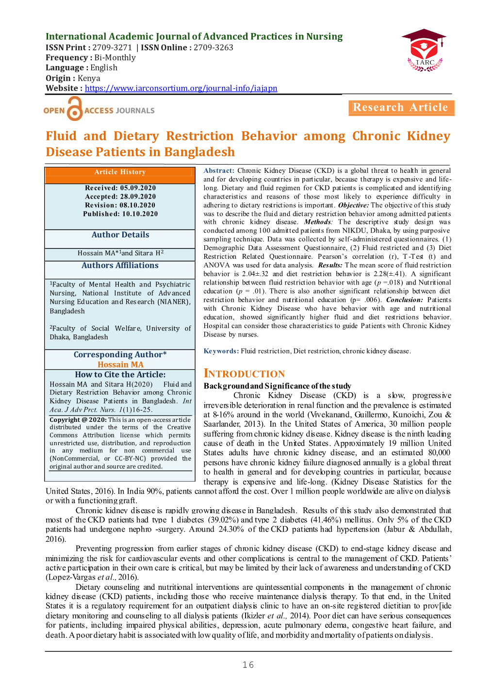 Fluid and Dietary Restriction Behavior Among Chronic Kidney Disease Patients in Bangladesh