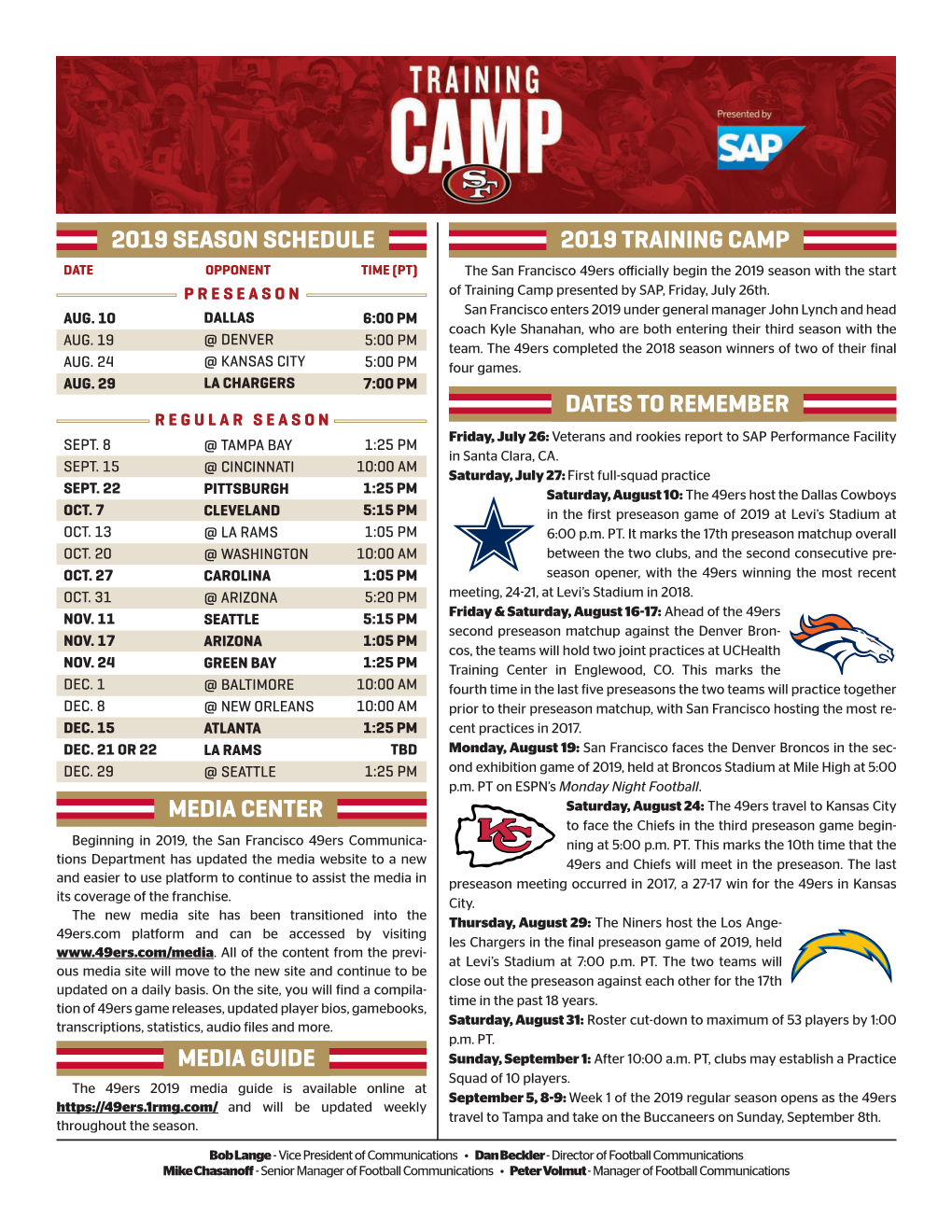 2019 Training Camp 2019 Season Schedule Media Center Media Guide Dates to Remember