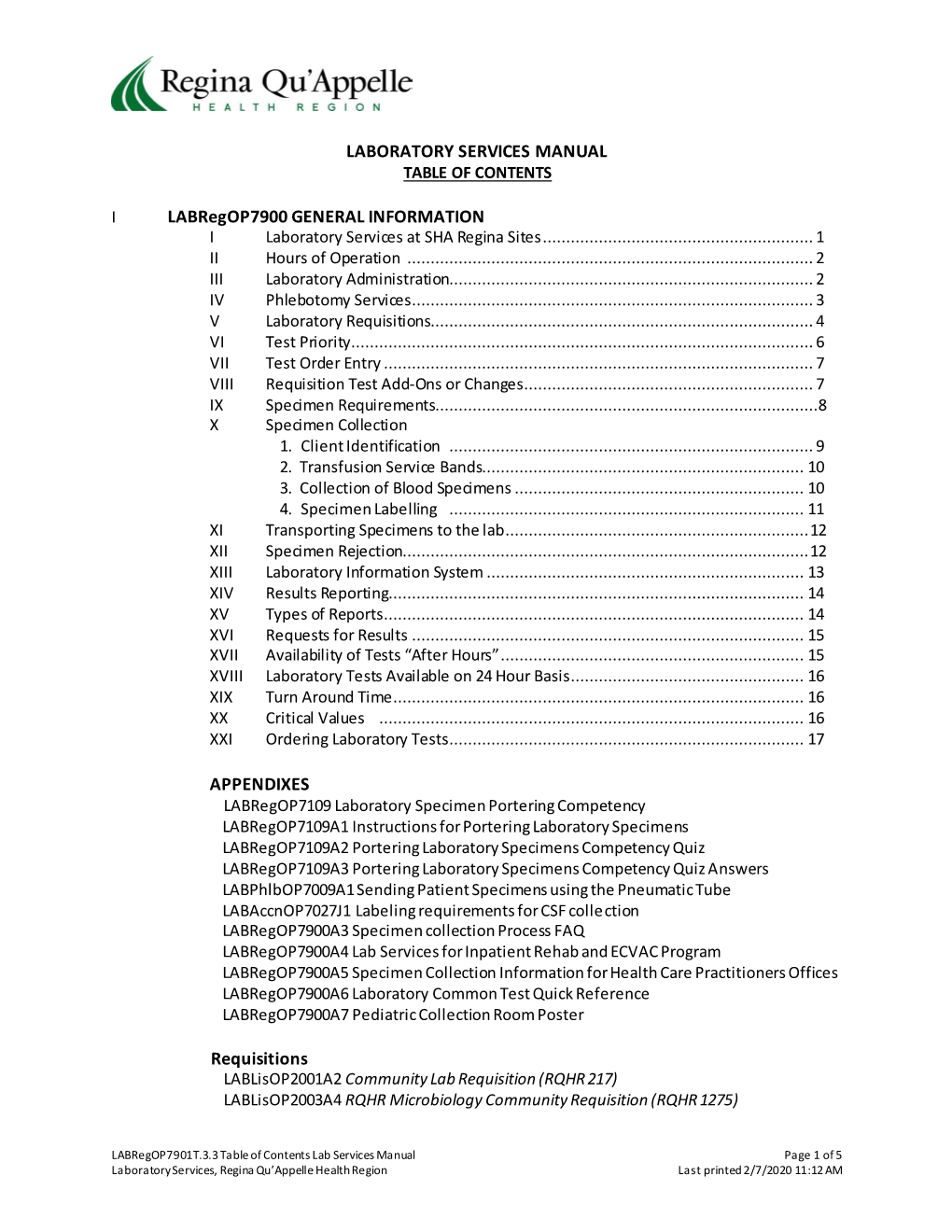 Laboratory Services Manual, February 2020