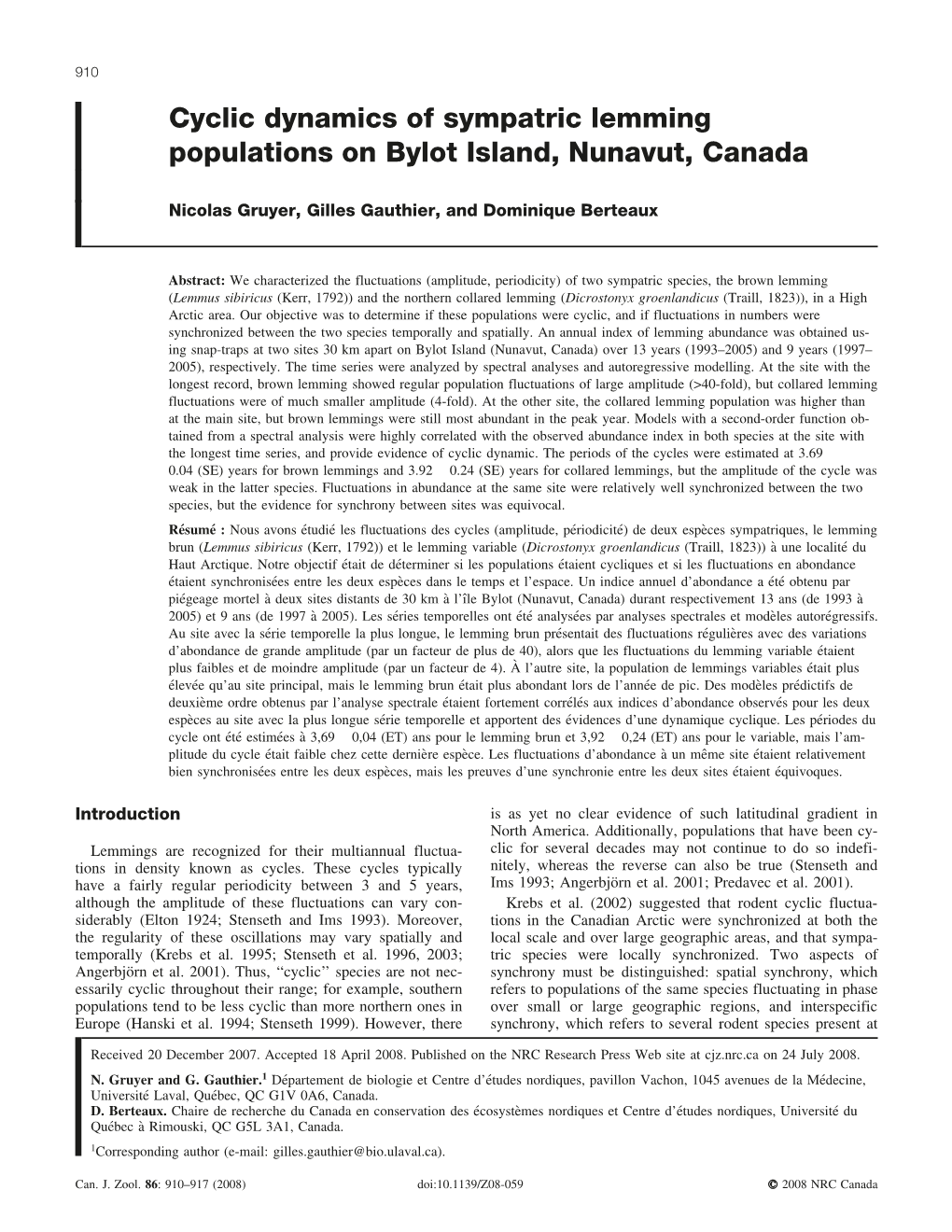 Cyclic Dynamics of Sympatric Lemming Populations on Bylot Island, Nunavut, Canada