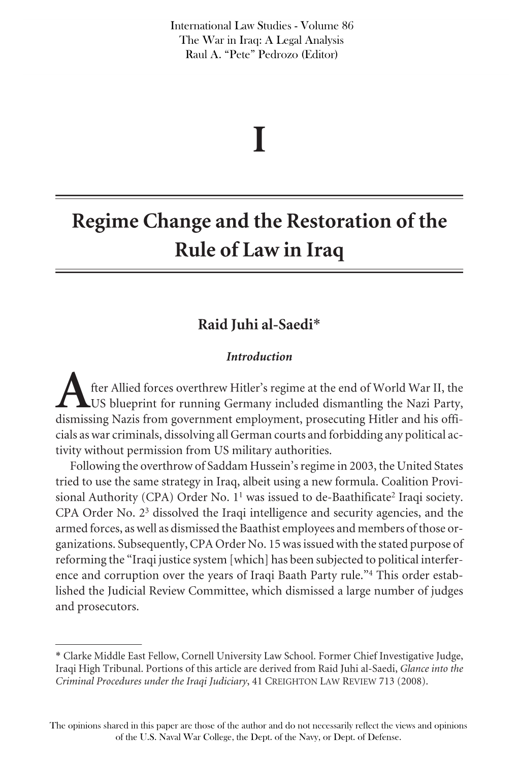 Regime Change and the Restoration of the Rule of Law in Iraq