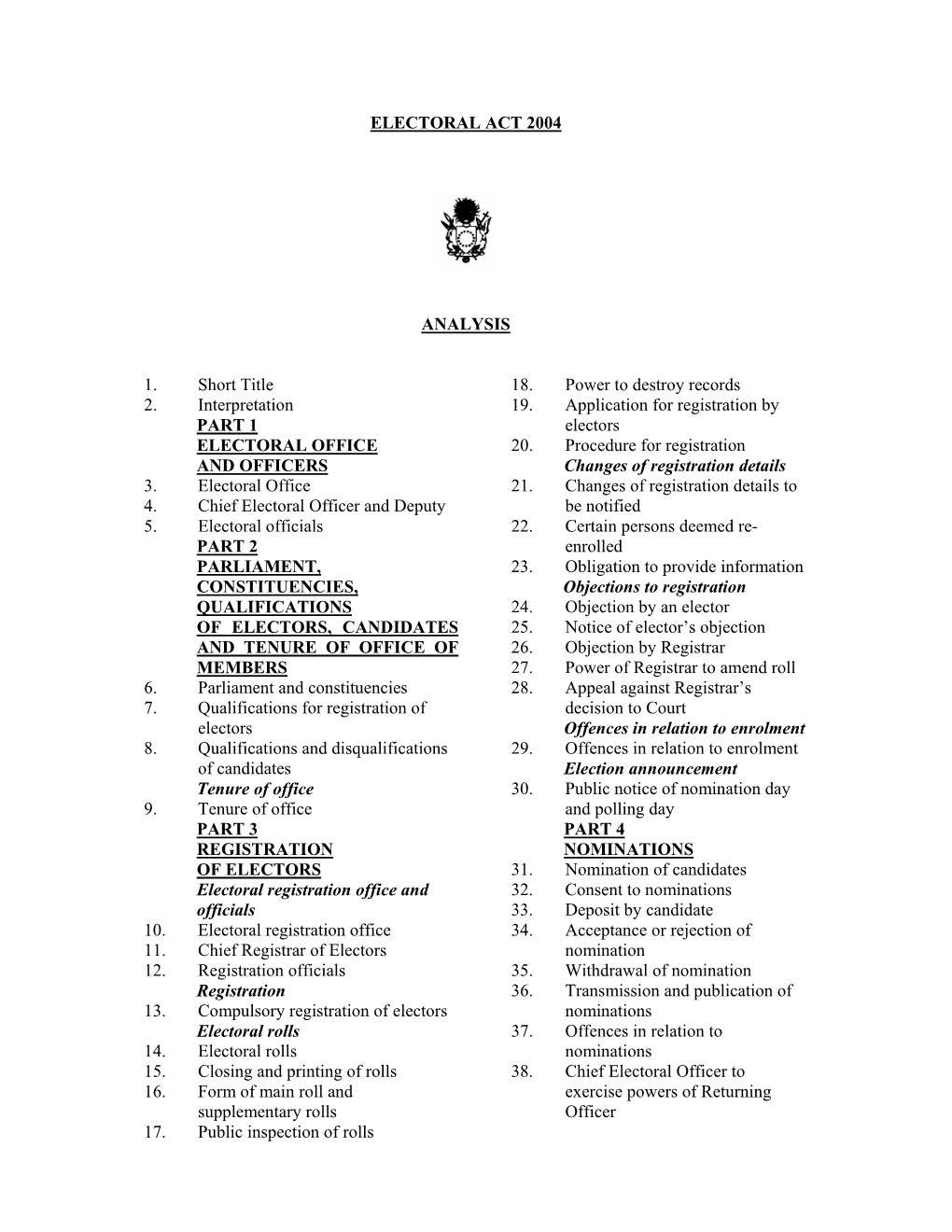 ELECTORAL ACT 2004 ANALYSIS 1. Short Title 2. Interpretation PART 1