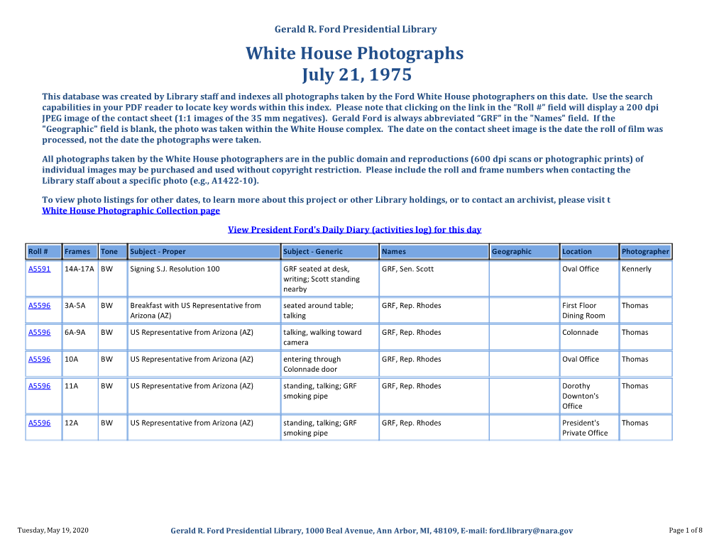 White House Photographs July 21, 1975 This Database Was Created by Library Staff and Indexes All Photographs Taken by the Ford White House Photographers on This Date