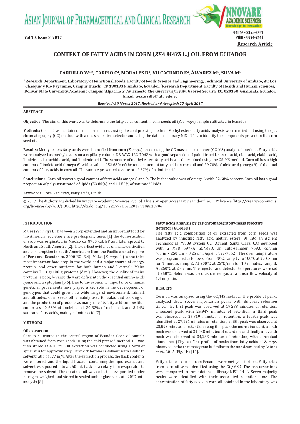 Content of Fatty Acids in Corn (Zea Mays L.) Oil from Ecuador