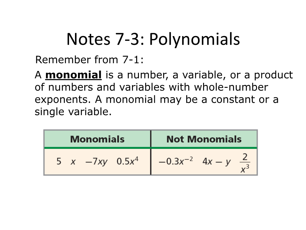 Polynomials Remember from 7-1: a Monomial Is a Number, a Variable, Or a Product of Numbers and Variables with Whole-Number Exponents