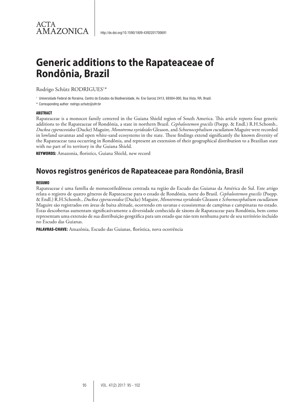 Generic Additions to the Rapateaceae of Rondônia, Brazil