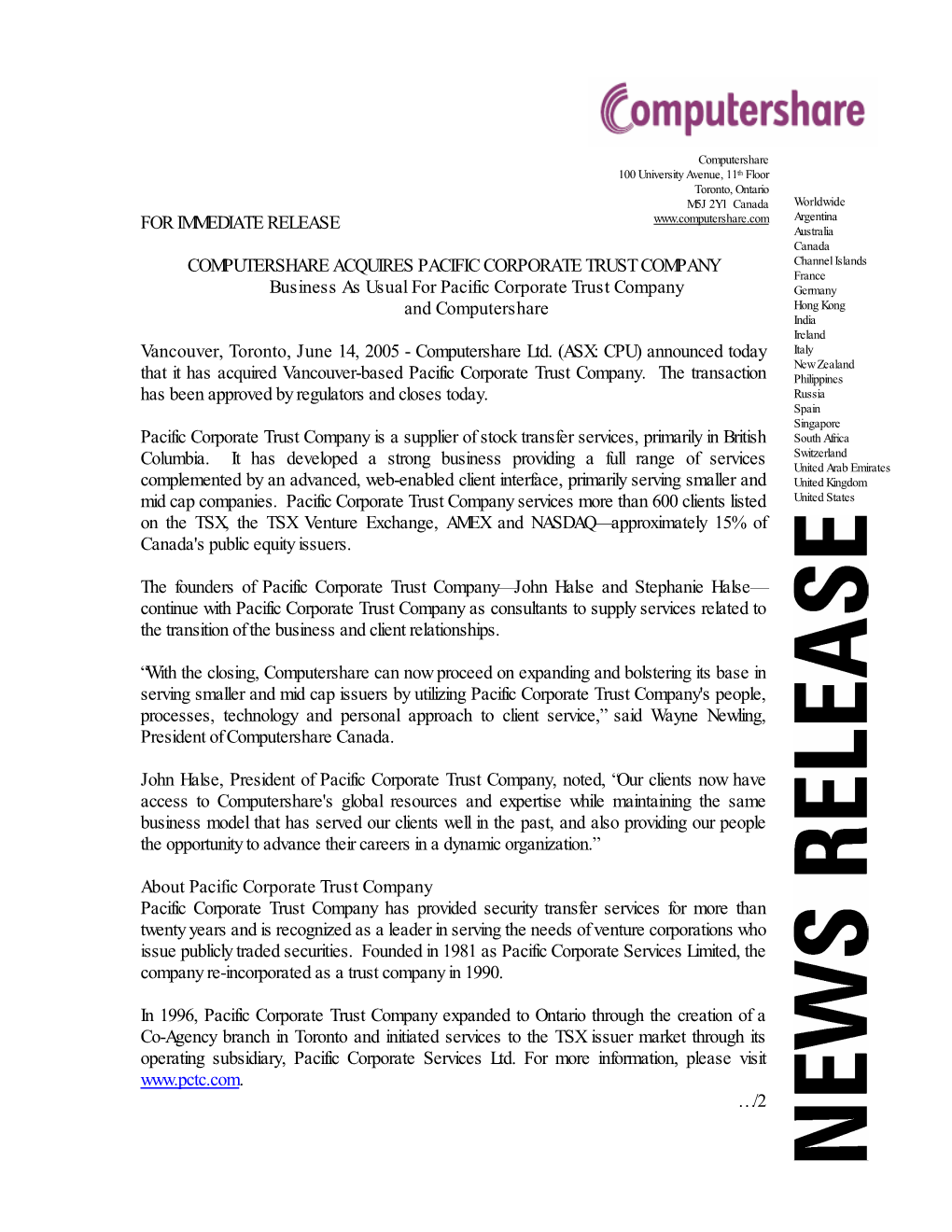 PCTC News Release