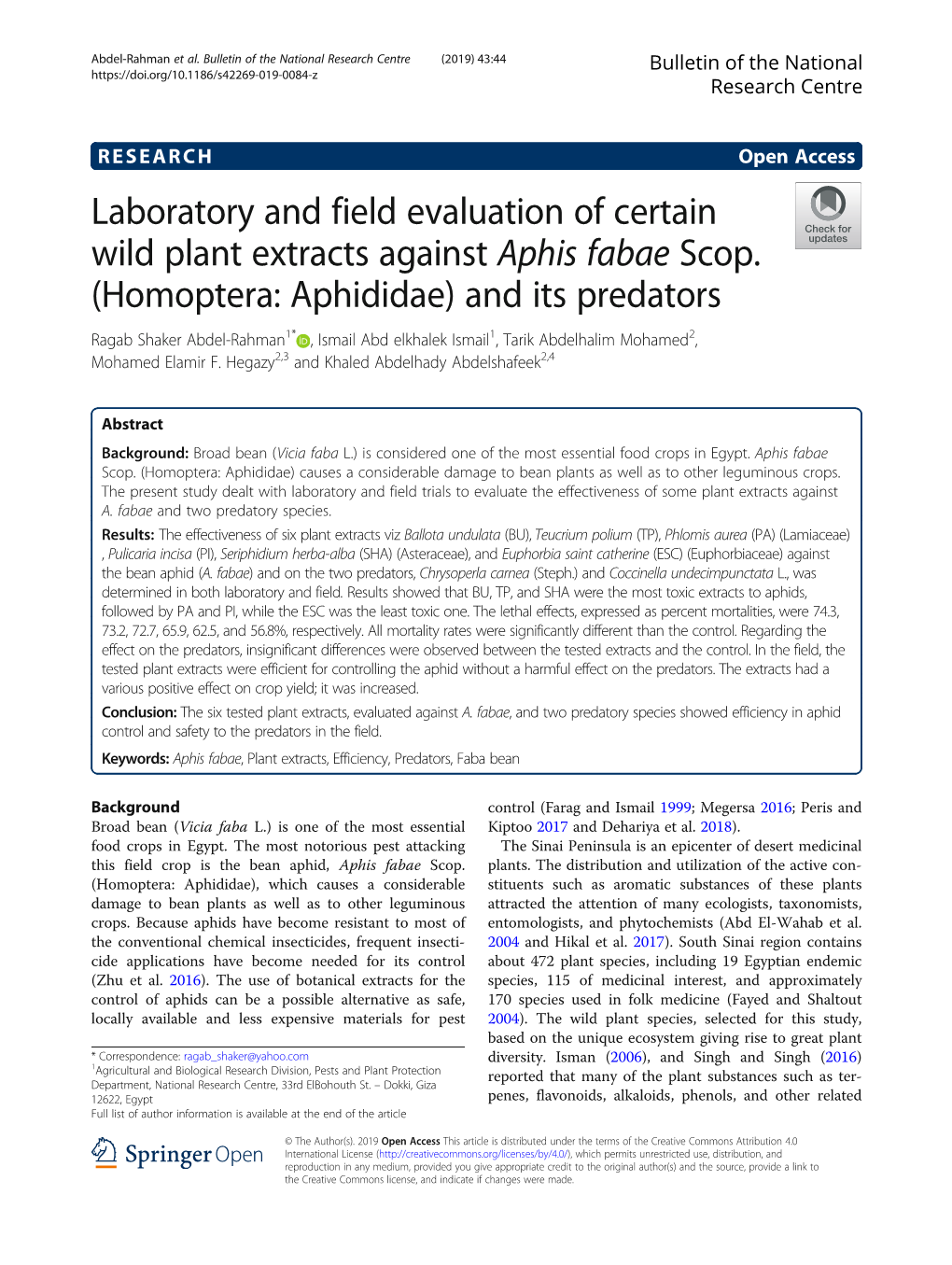 Laboratory and Field Evaluation of Certain Wild Plant Extracts Against Aphis Fabae Scop