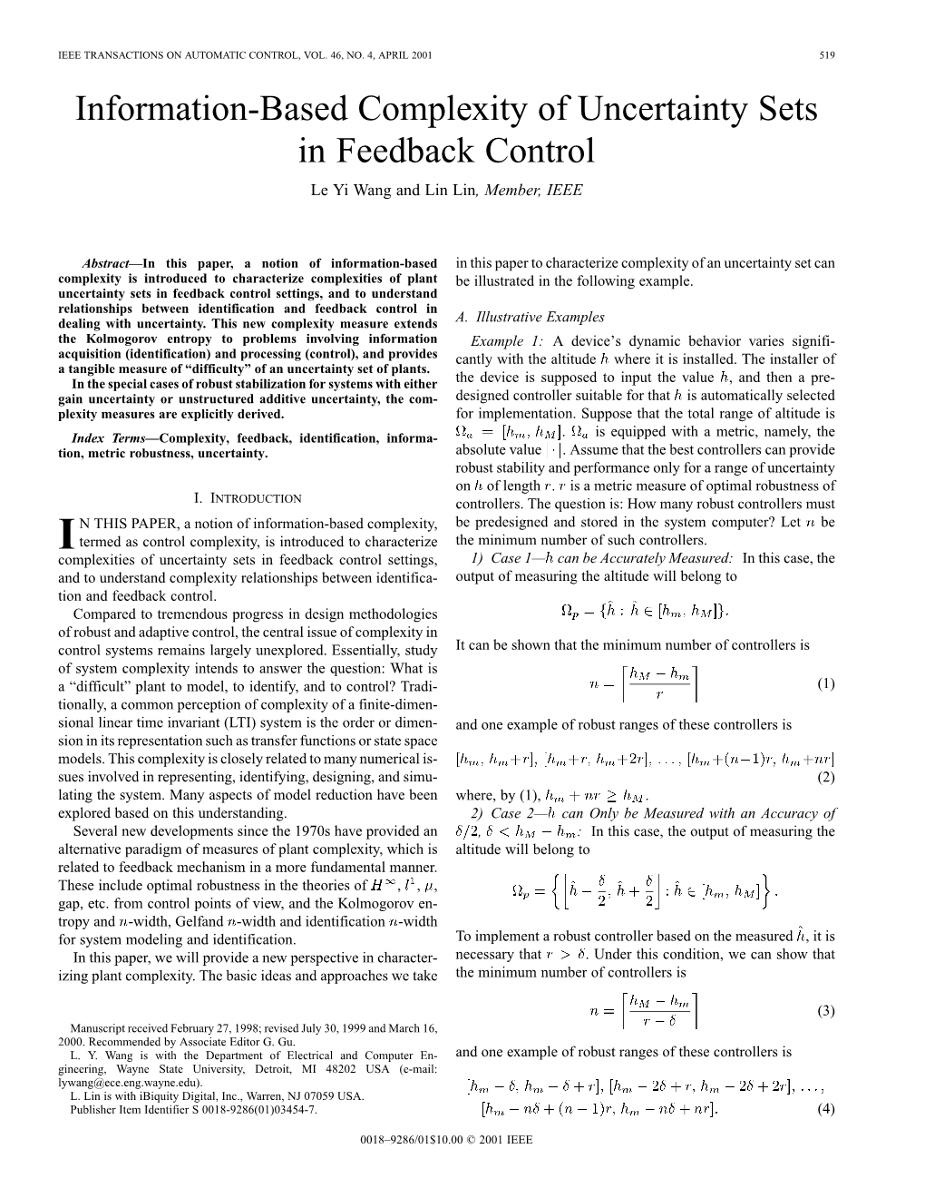 Information-Based Complexity of Uncertainty Sets in Feedback Control Le Yi Wang and Lin Lin, Member, IEEE