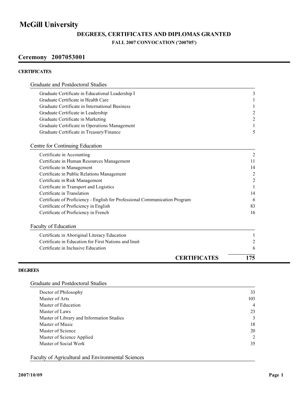 Mcgill University DEGREES, CERTIFICATES and DIPLOMAS GRANTED FALL 2007 CONVOCATION ('200705')
