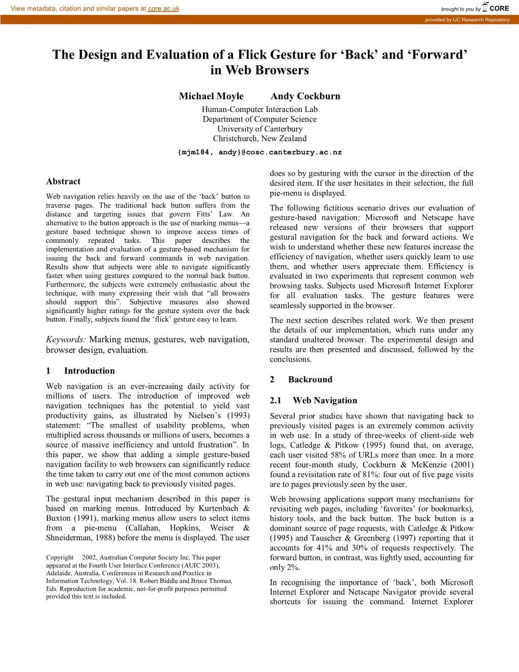 The Design and Evaluation of a Flick Gesture for 'Back'