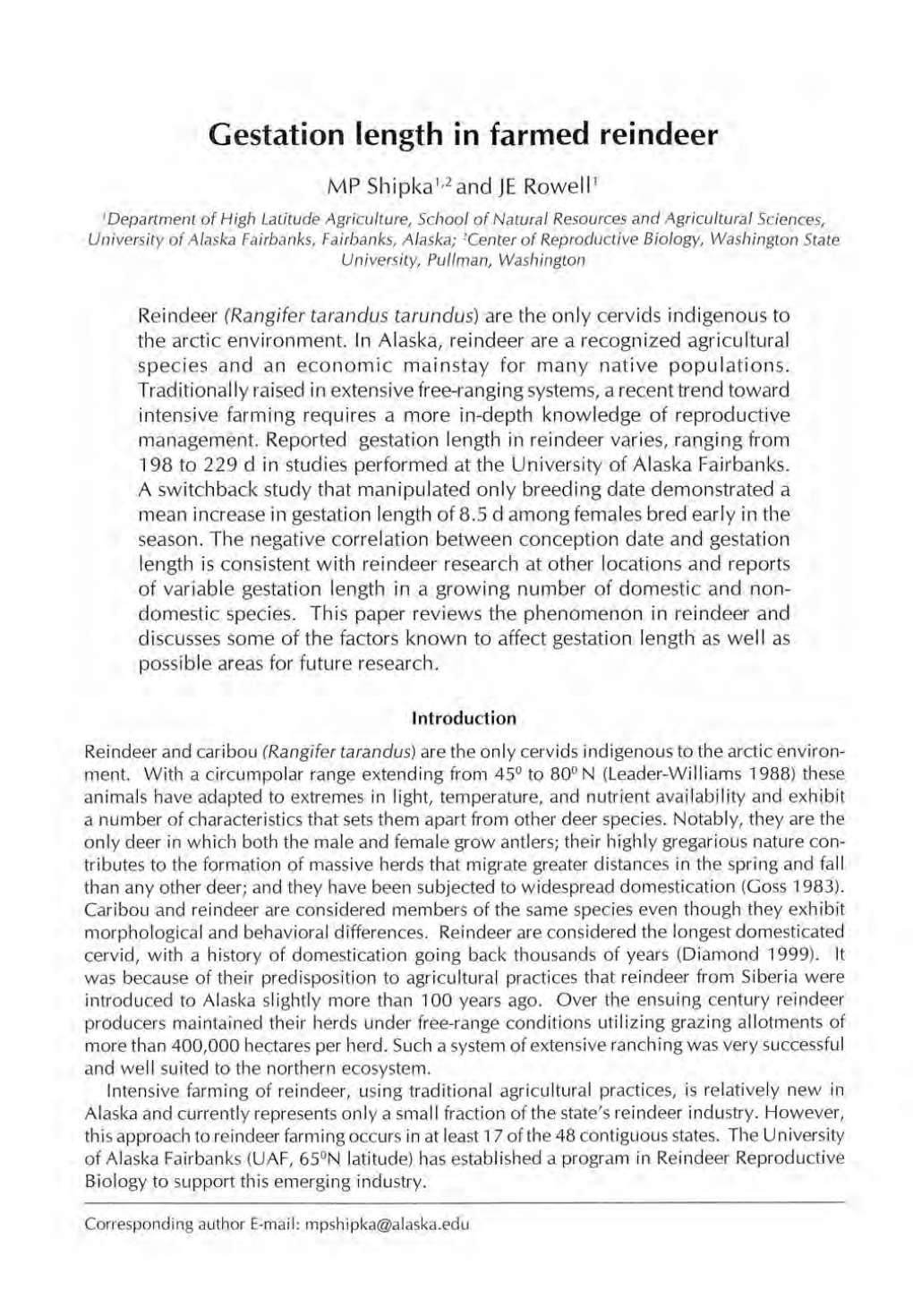 Gestation Length in Farmed Reindeer