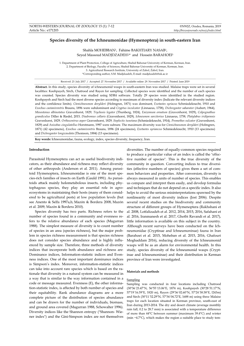 Species Diversity of the Ichneumonidae (Hymenoptera) in South-Eastern Iran