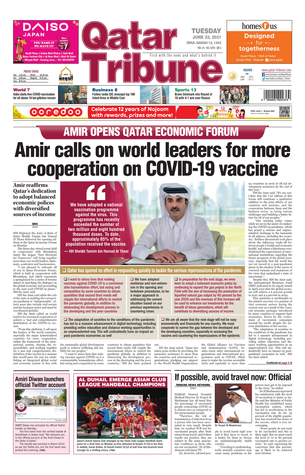 Amir Calls on World Leaders for More Cooperation on Covid-19 Vaccine