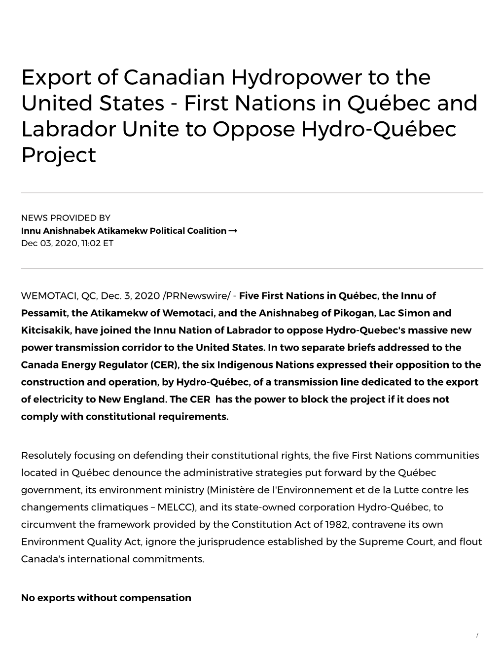 Export of Canadian Hydropower to the United States - First Nations in Québec and Labrador Unite to Oppose Hydro-Québec Project