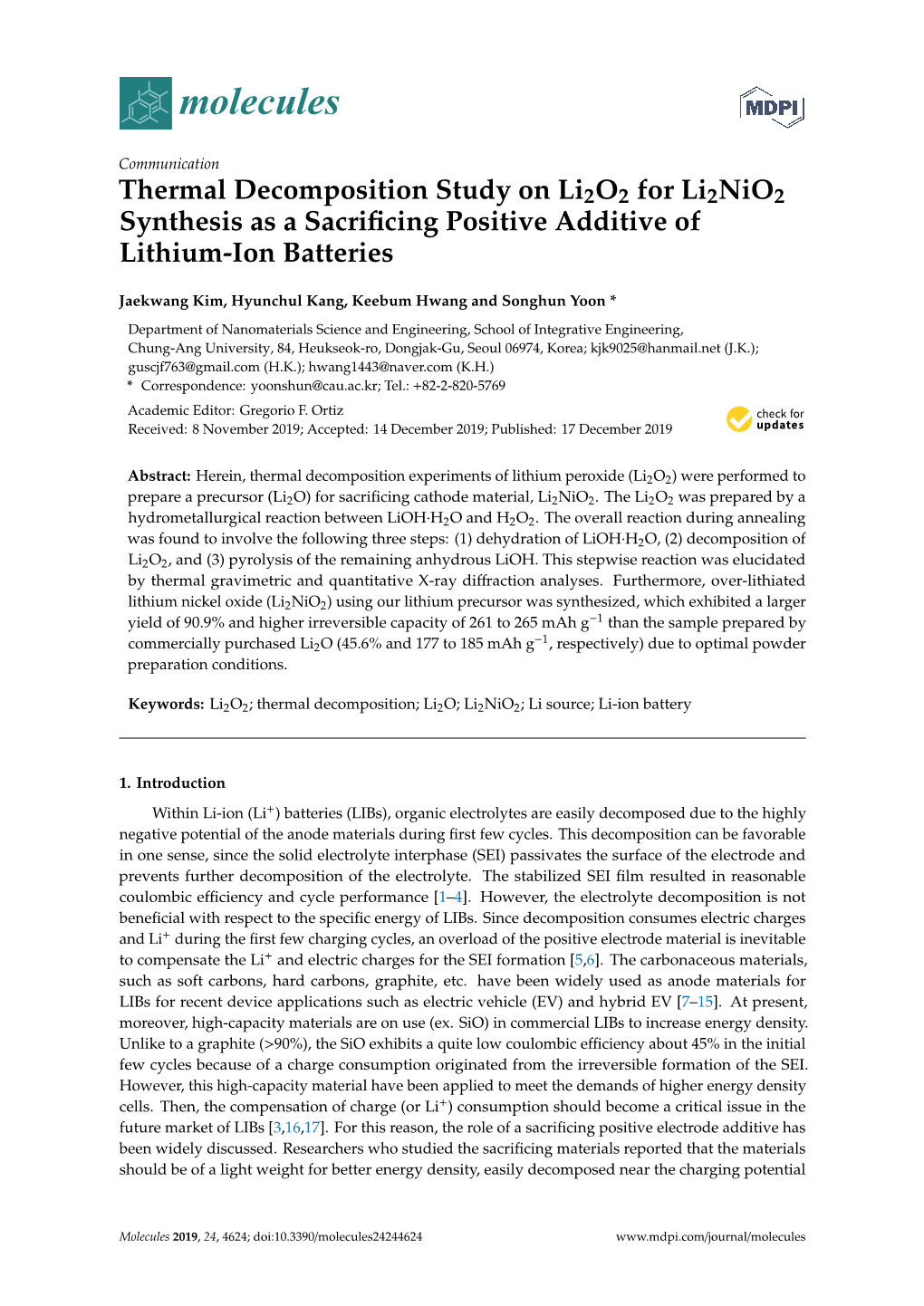 Thermal Decomposition Study on Li2o2 for Li2nio2 Synthesis As a Sacriﬁcing Positive Additive of Lithium-Ion Batteries