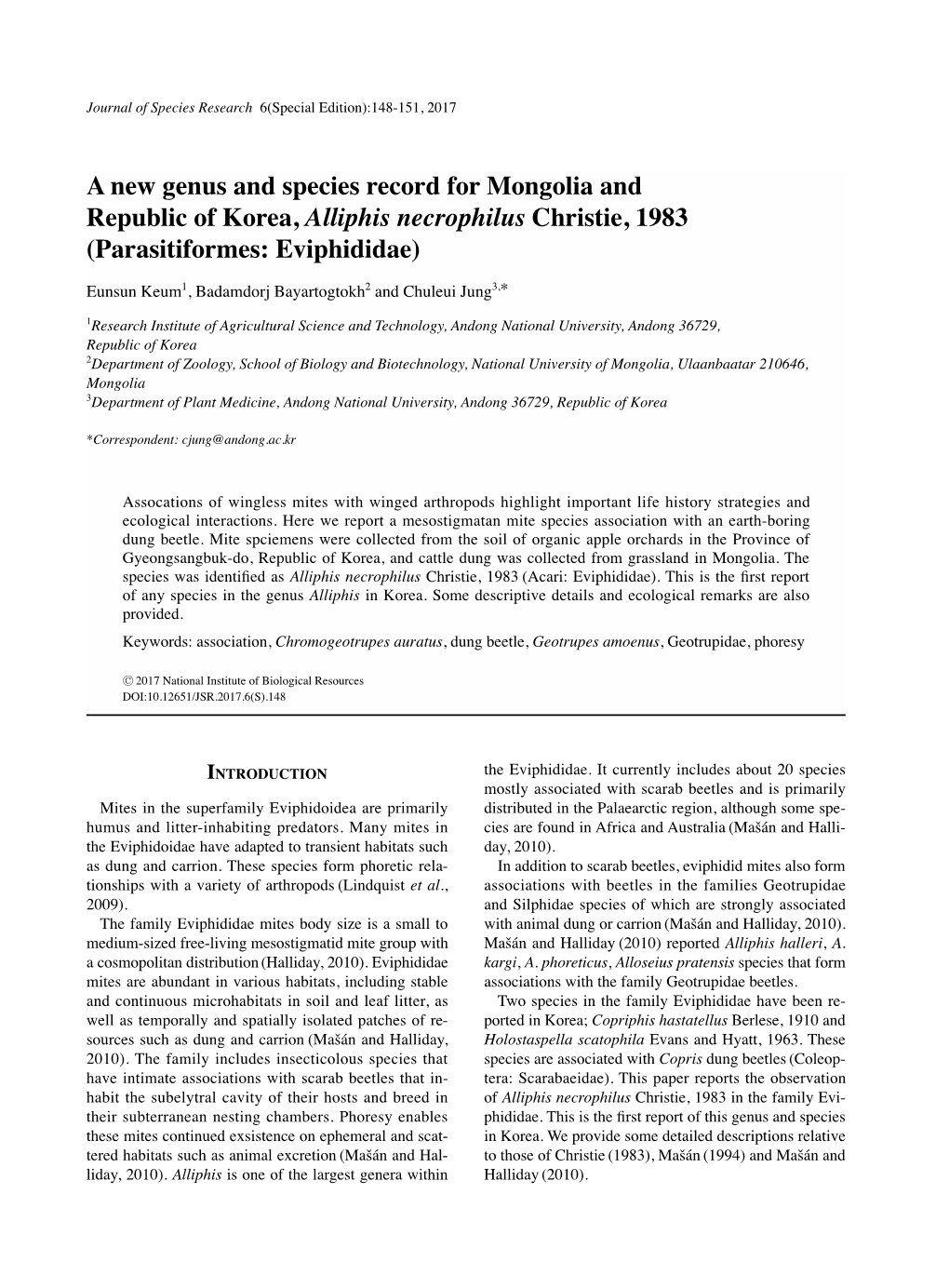 A New Genus and Species Record for Mongolia and Republic of Korea, Alliphis Necrophilus Christie, 1983 (Parasitiformes: Eviphididae)