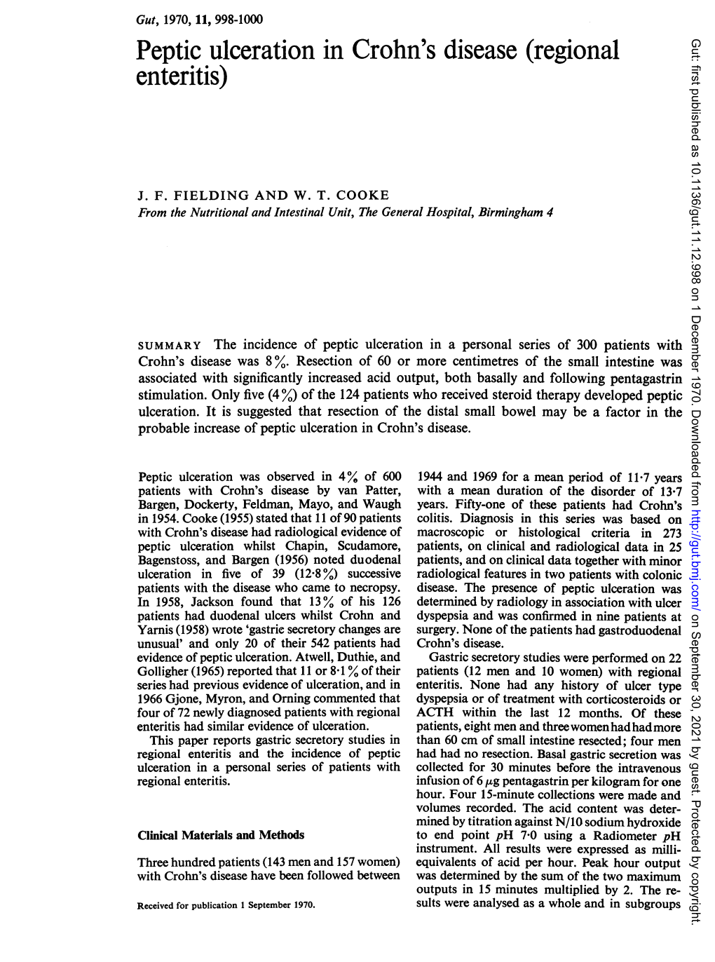 Peptic Ulceration in Crohn's Disease (Regional Gut: First Published As 10.1136/Gut.11.12.998 on 1 December 1970