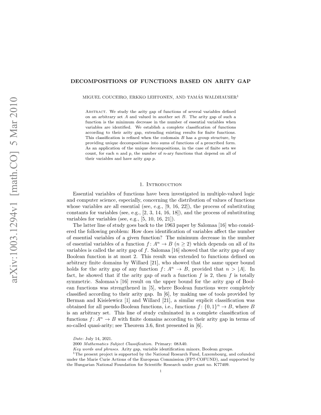 Decompositions of Functions Based on Arity