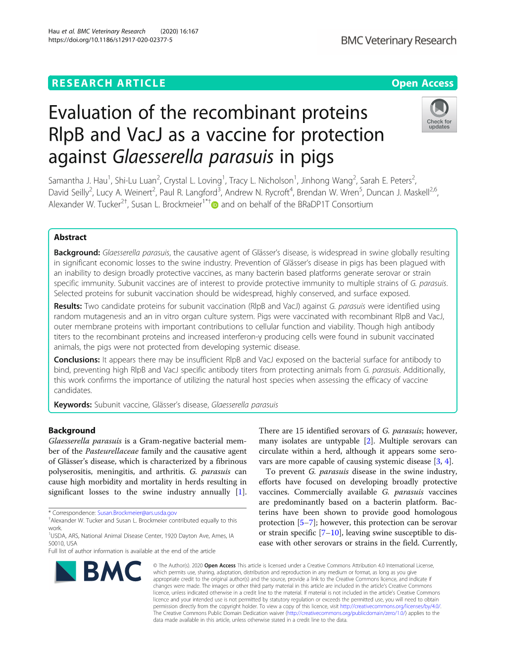 Evaluation of the Recombinant Proteins Rlpb and Vacj As a Vaccine for Protection Against Glaesserella Parasuis in Pigs Samantha J