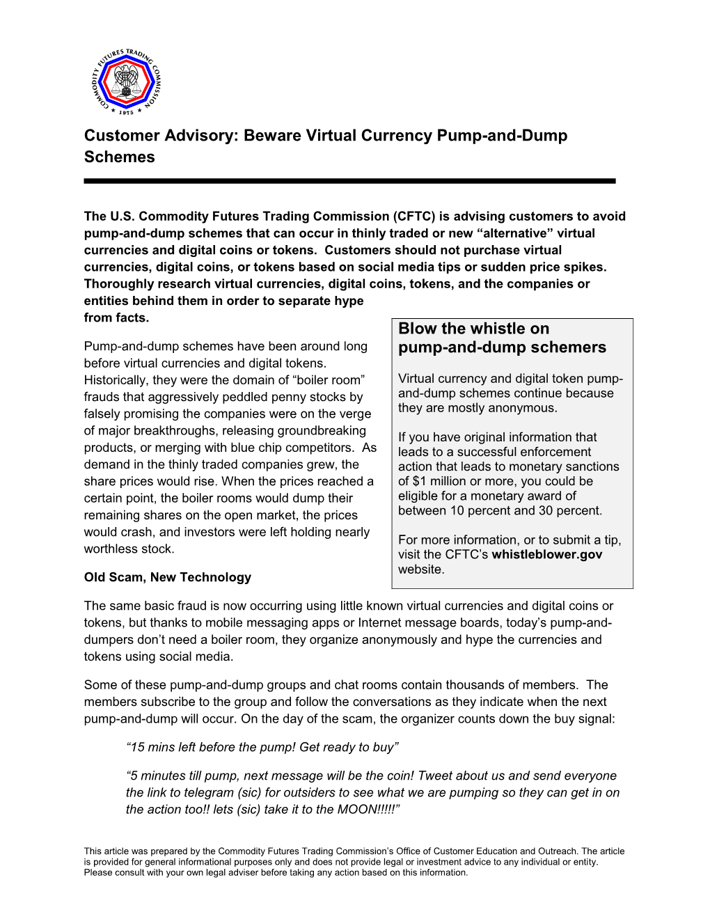 Customer Advisory: Beware Virtual Currency Pump-And-Dump Schemes