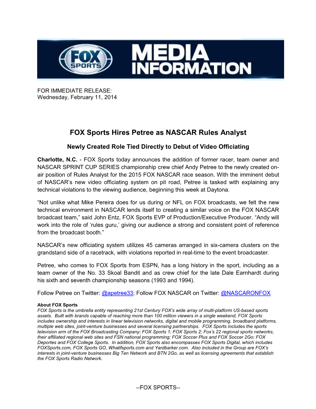 FOX Sports Hires Petree As NASCAR Rules Analyst