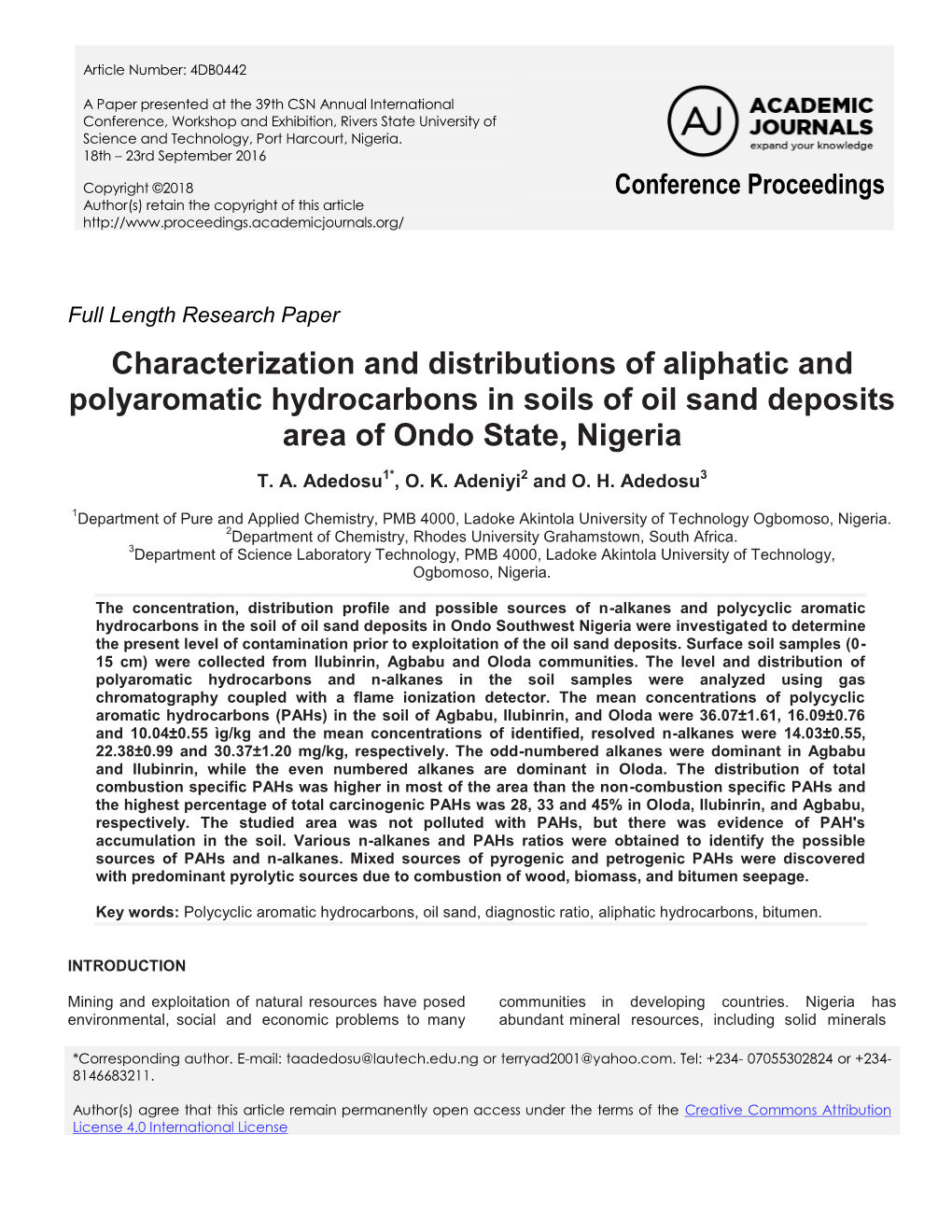 Characterization and Distributions of Aliphatic and Polyaromatic Hydrocarbons in Soils of Oil Sand Deposits Area of Ondo State, Nigeria