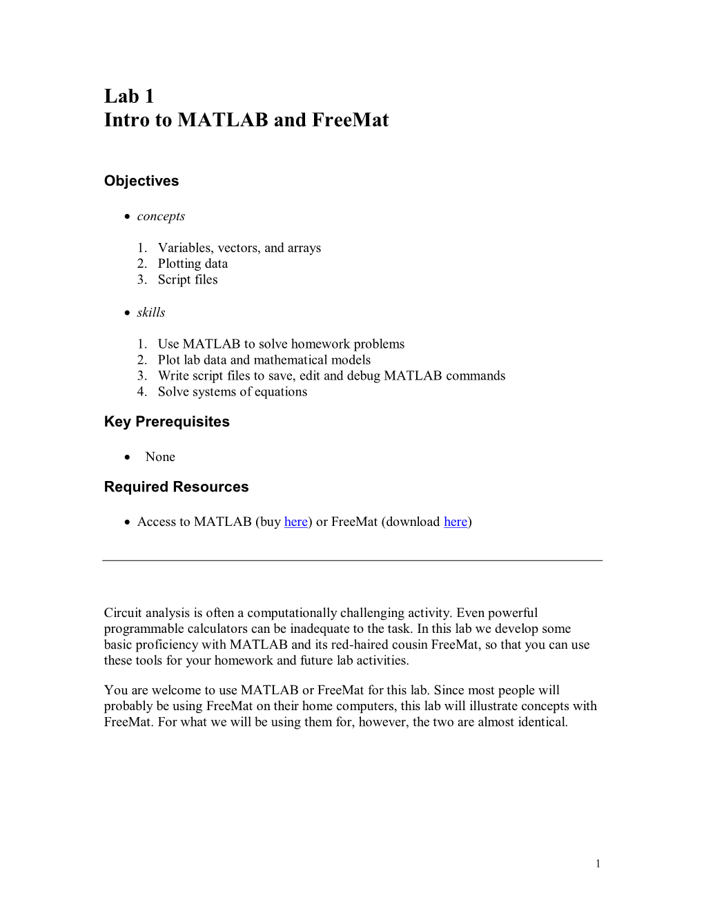Lab 1 Intro to MATLAB and Freemat