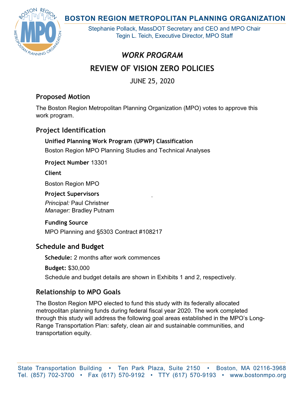 Work Program: Review of Vision Zero Policies