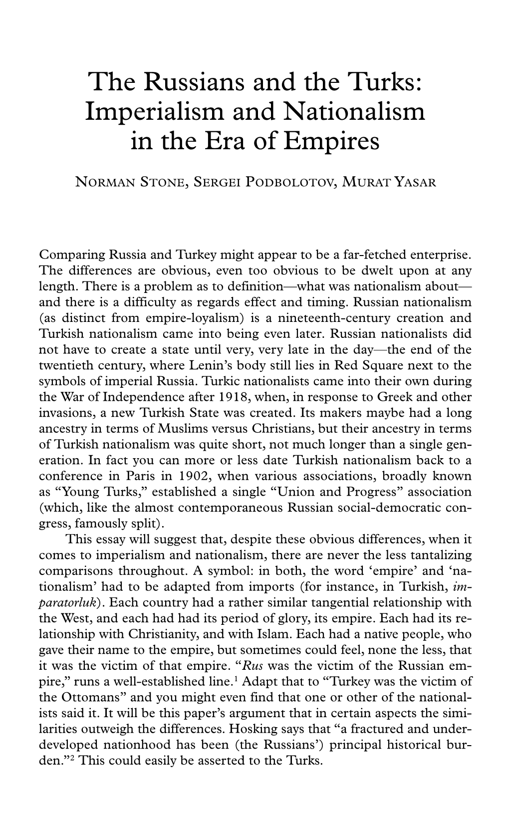 The Russians and the Turks: Imperialism and Nationalism in the Era of Empires