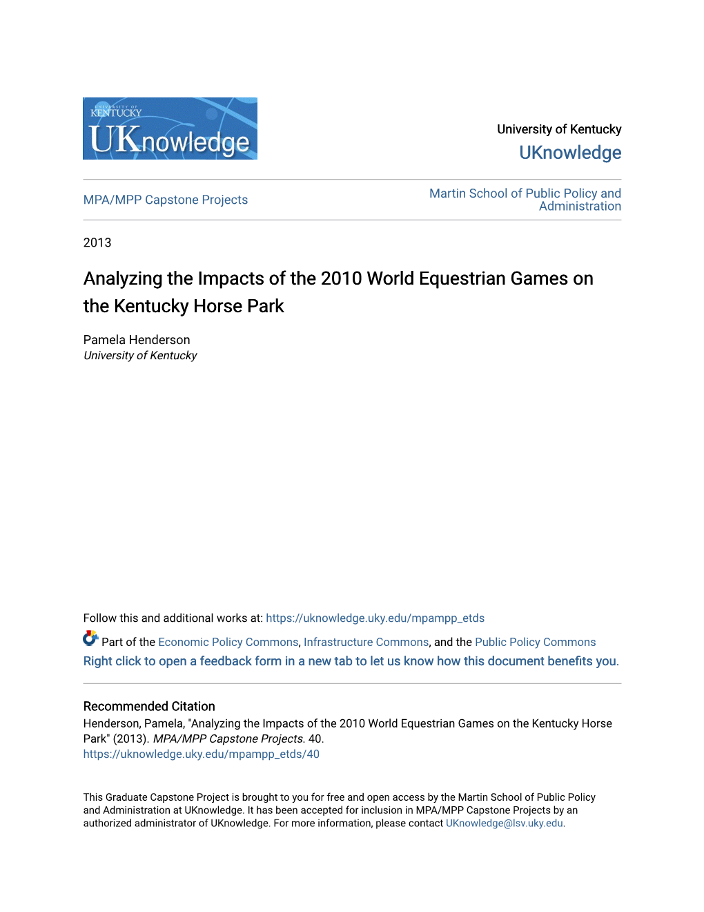 Analyzing the Impacts of the 2010 World Equestrian Games on the Kentucky Horse Park