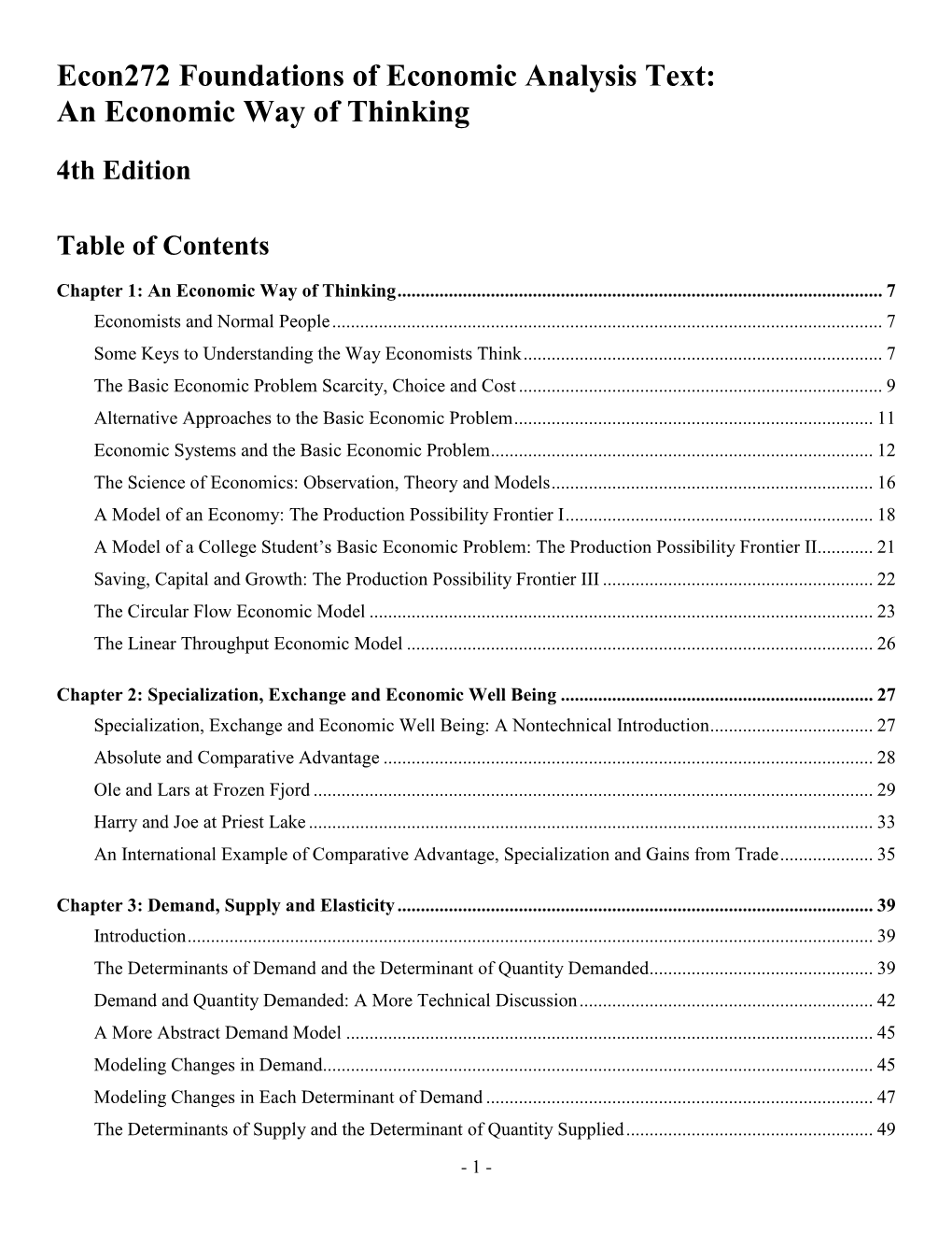 Econ272 Foundations of Economic Analysis Text: an Economic Way of Thinking