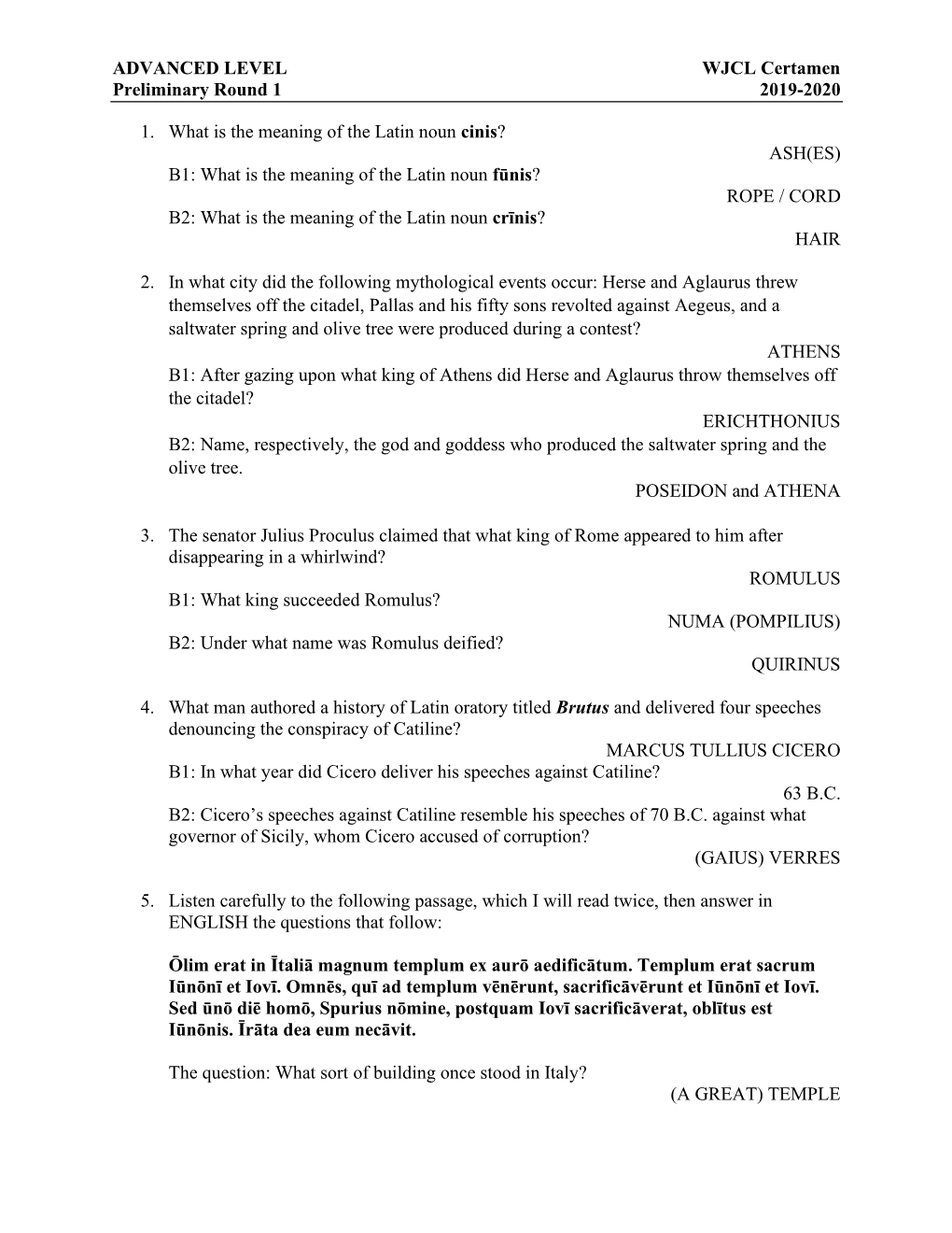 ADVANCED LEVEL WJCL Certamen Preliminary Round 1 2019-2020