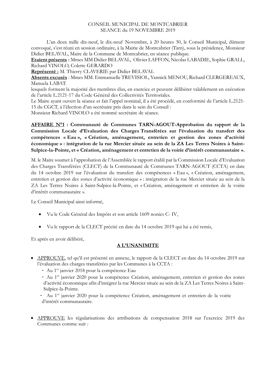 CONSEIL MUNICIPAL DE MONTCABRIER SEANCE Du 19 NOVEMBRE 2019