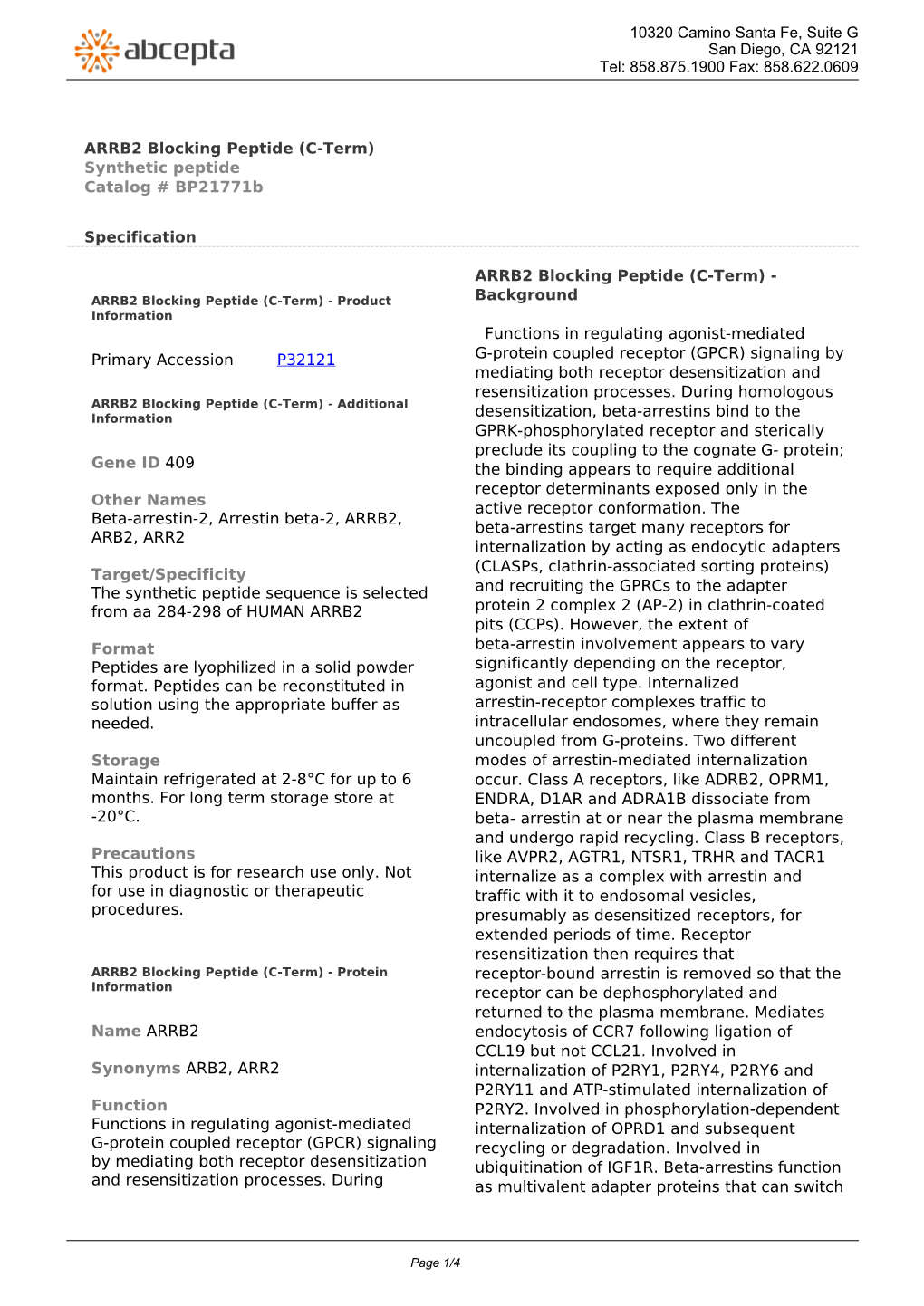 ARRB2 Blocking Peptide (C-Term) Synthetic Peptide Catalog # Bp21771b