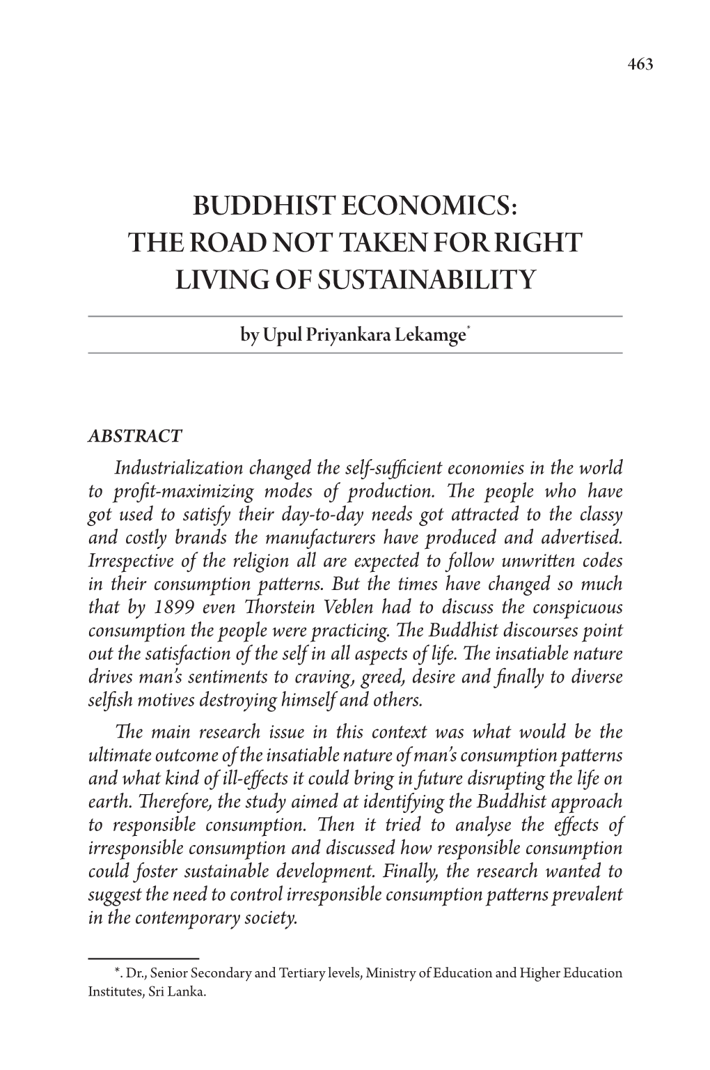 Buddhist Economics: the Road Not Taken for Right Living of Sustainability