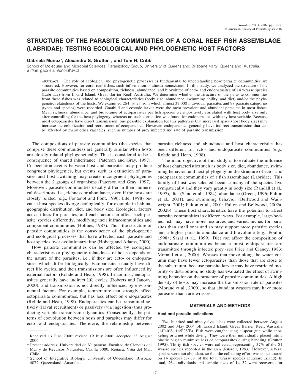 Structure of the Parasite Communities of a Coral Reef Fish Assemblage (Labridae): Testing Ecological and Phylogenetic Host Factors