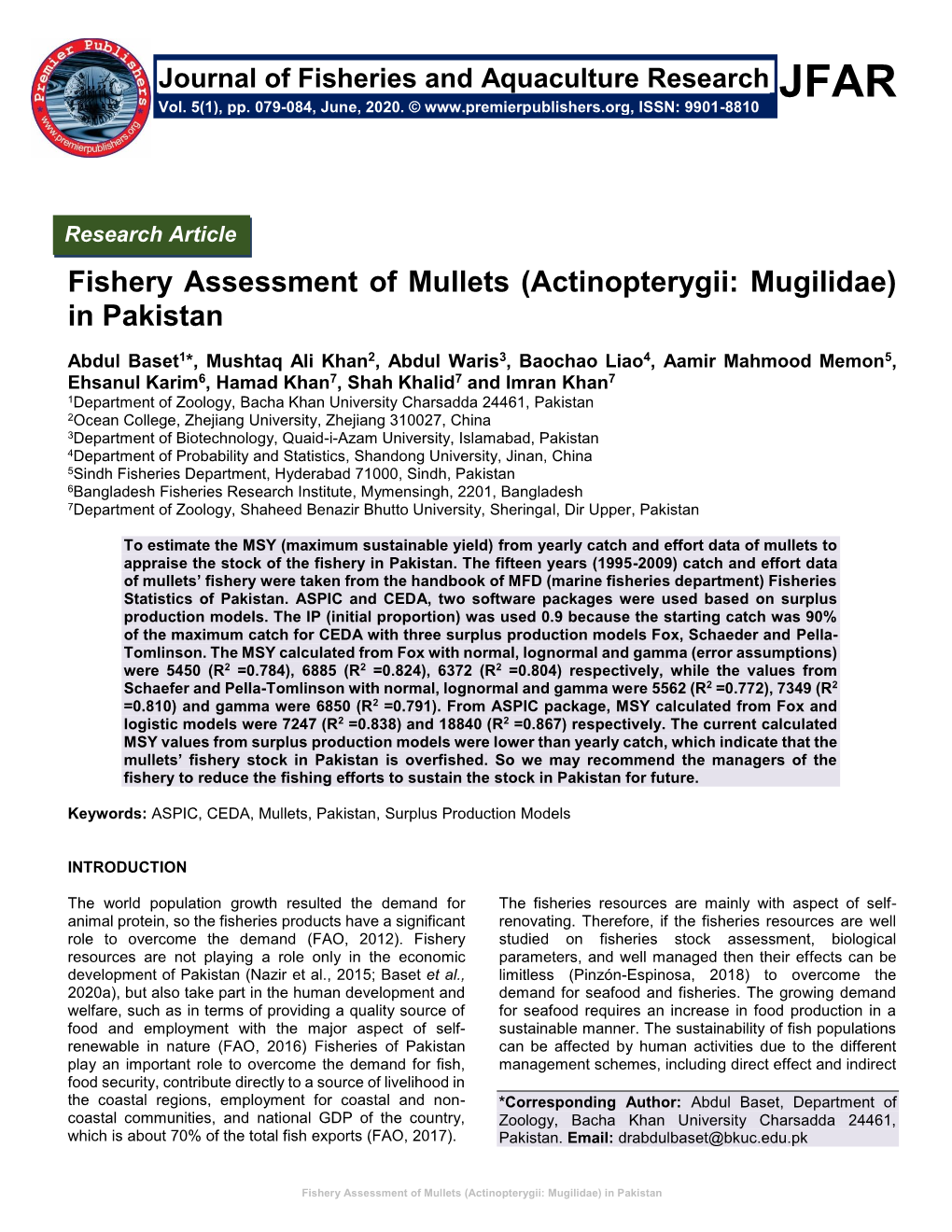 Fishery Assessment of Mullets (Actinopterygii: Mugilidae) in Pakistan