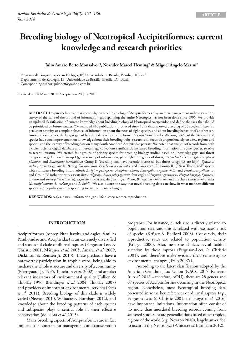 Breeding Biology of Neotropical Accipitriformes: Current Knowledge and Research Priorities