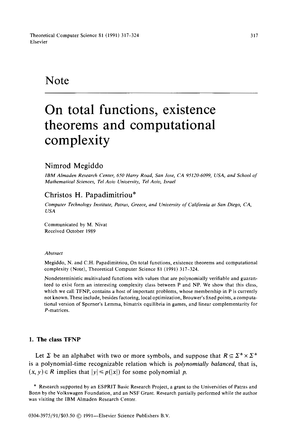 On Total Functions, Existence Theorems and Computational Complexity