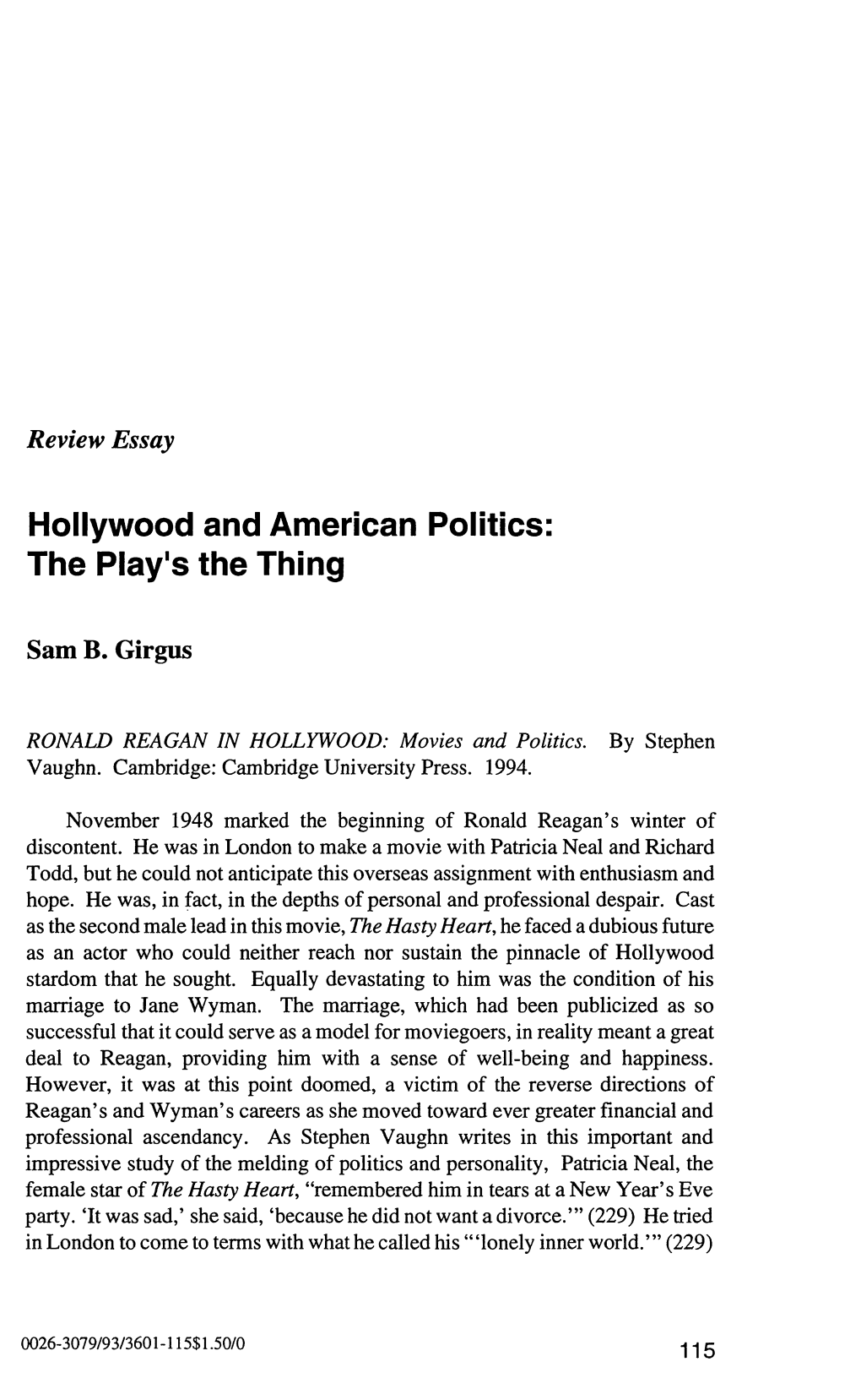 Hollywood and American Politics: the Play's the Thing