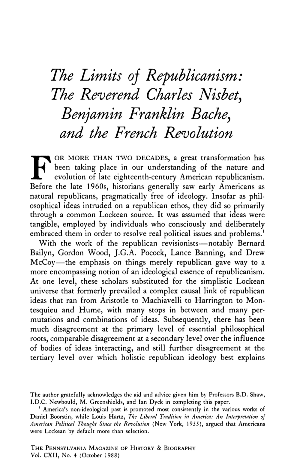 The Limits Oj Republicanism: the Reverend Charles Nisbety Benjamin Franklin Bache, and the French Revolution
